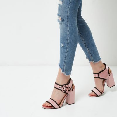 Pink satin block heel sandals